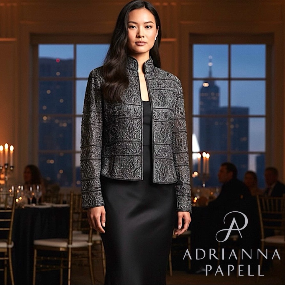 Vtg Adrianna Pappell Evening Beaded Mandarin Iridescent Silver/Black Jacket Sz L